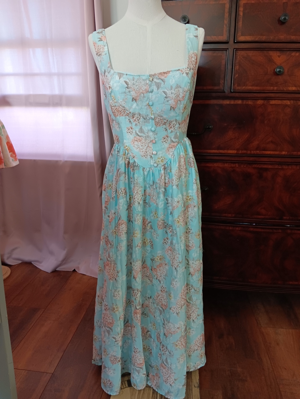 Petite Lulu's Aqua Floral Square-Neck Maxi Dress with Peach Accents
